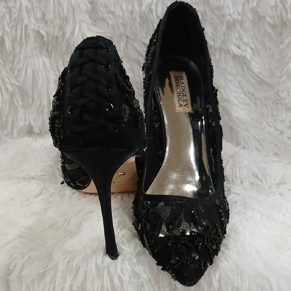 Badgley Mischka Black Sequin Lace Heels - Picture 6 of 9